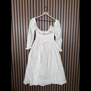 R. Yiposha Dress Large Womens White Babydoll Smocked Midi Textured Ruffled Trim